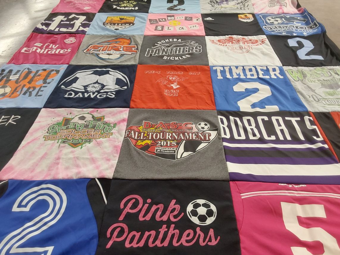 T-shirt quilt featuring bobcats, pink panthers by Azurae from OK
