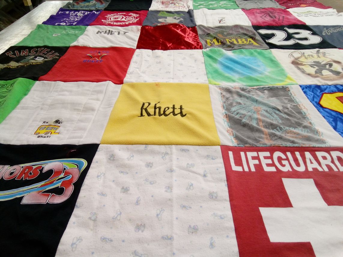 T-shirt quilt with swimming, sports themes by Marcie from FL