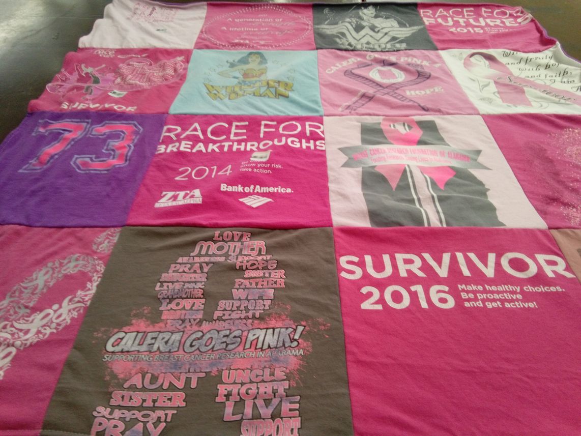 T-shirt quilt with breast cancer awareness, support themes by Paula from AL