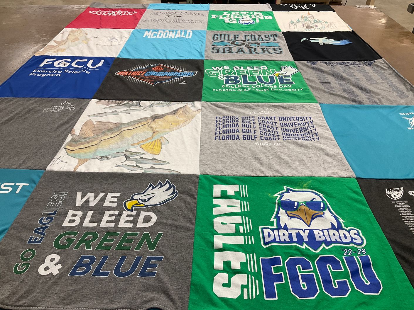 T-shirt quilt featuring eagles, sharks by Dan from FL