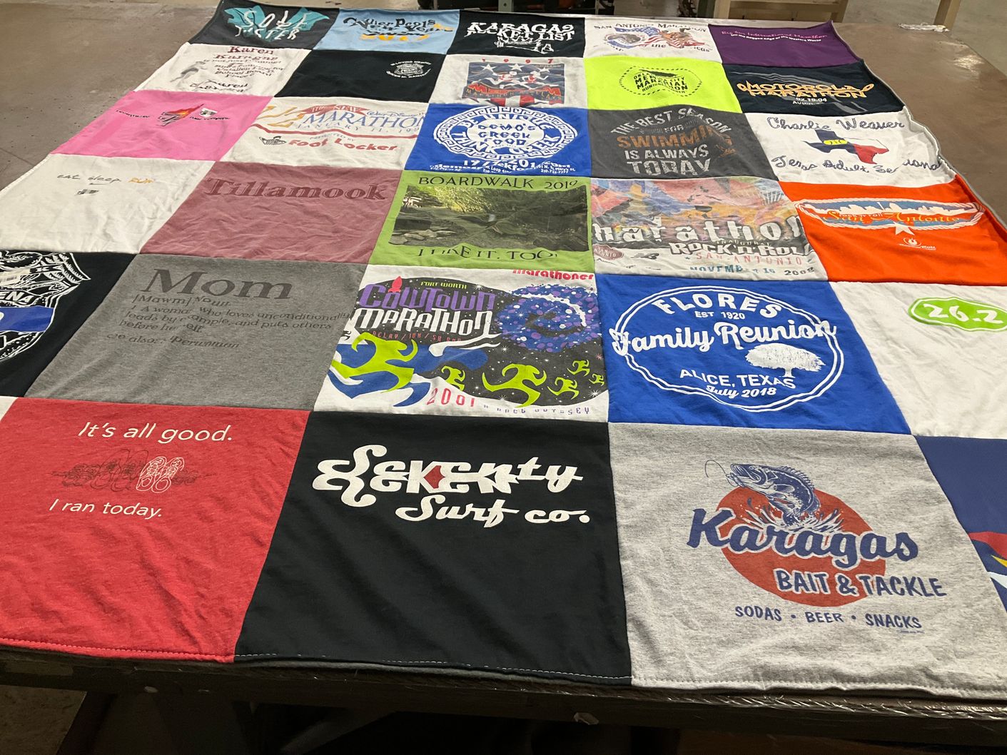 T-shirt quilt with running, family reunions themes by Karen from WA