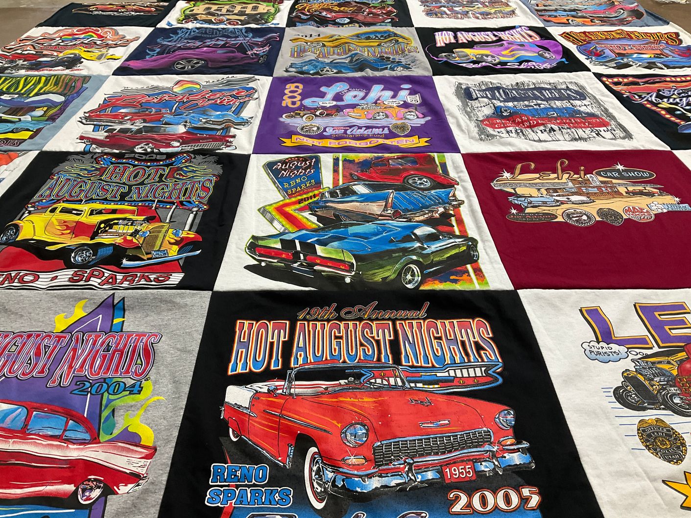 T-shirt quilt with classic cars, car shows themes by Natalie from UT