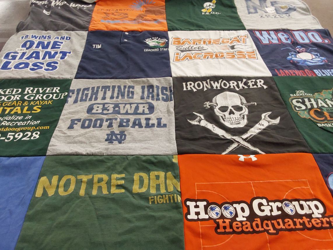 T-shirt quilt featuring notre dame fighting irish football by Niki from NJ