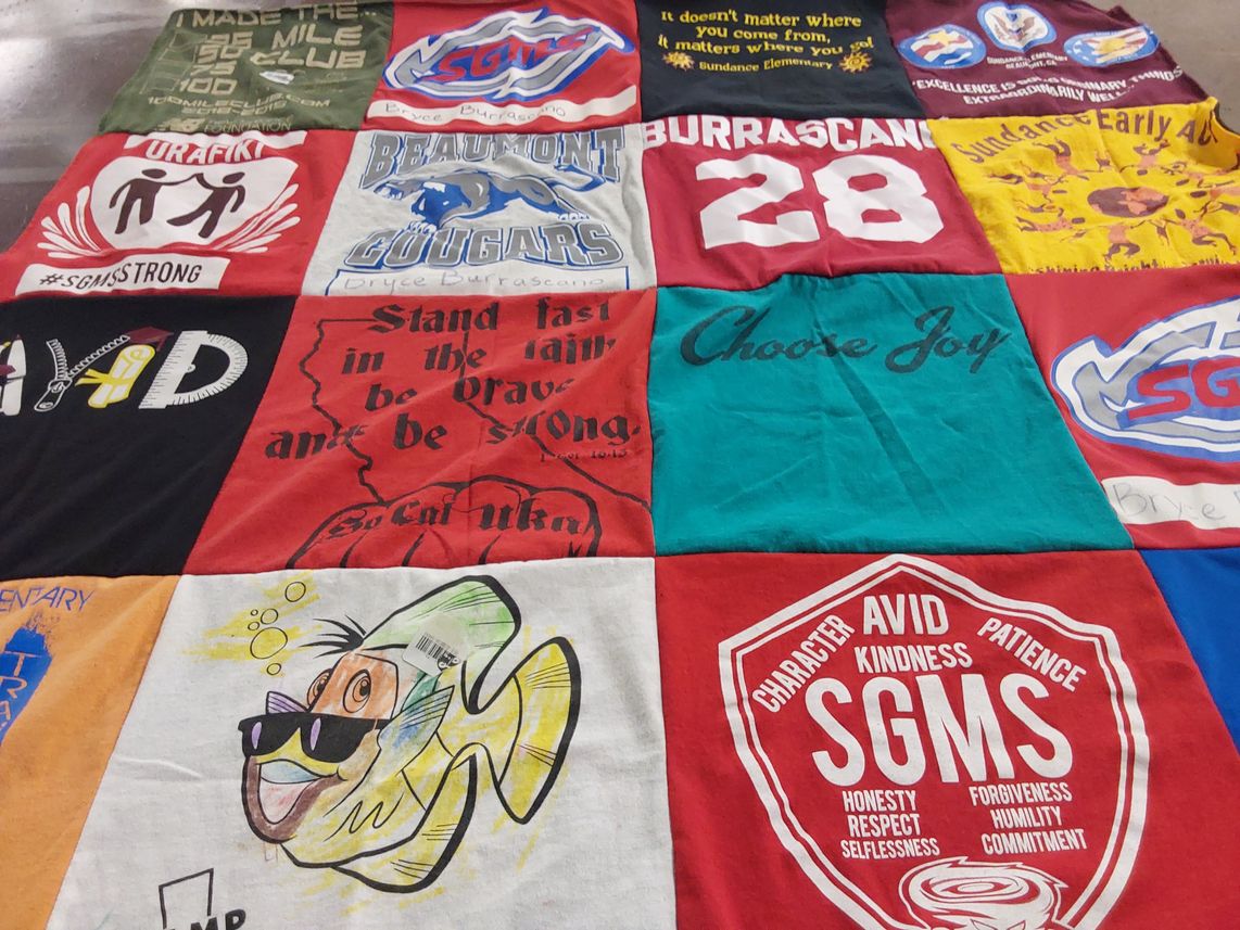 T-shirt quilt from beaumont middle school, sundance elementary school by Ramona from CA