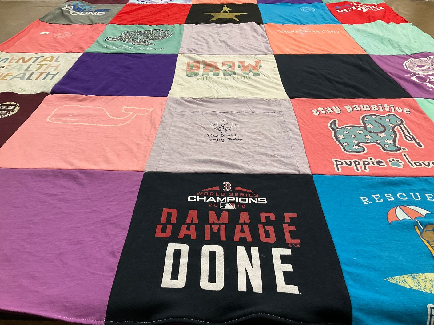 T-shirt quilt with mental health, animals themes by Emma from PA