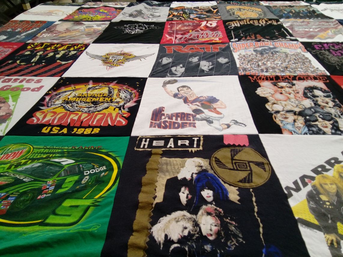 T-shirt quilt with rock music, nascar themes by Sheri from UT