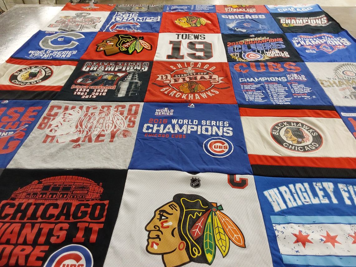 T-shirt quilt featuring chicago cubs, chicago blackhawks by Nicki from IL