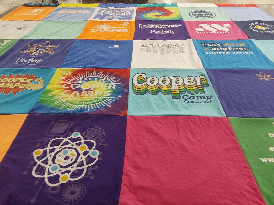 T-shirt quilt with camping, youth programs themes by Valerie from GA