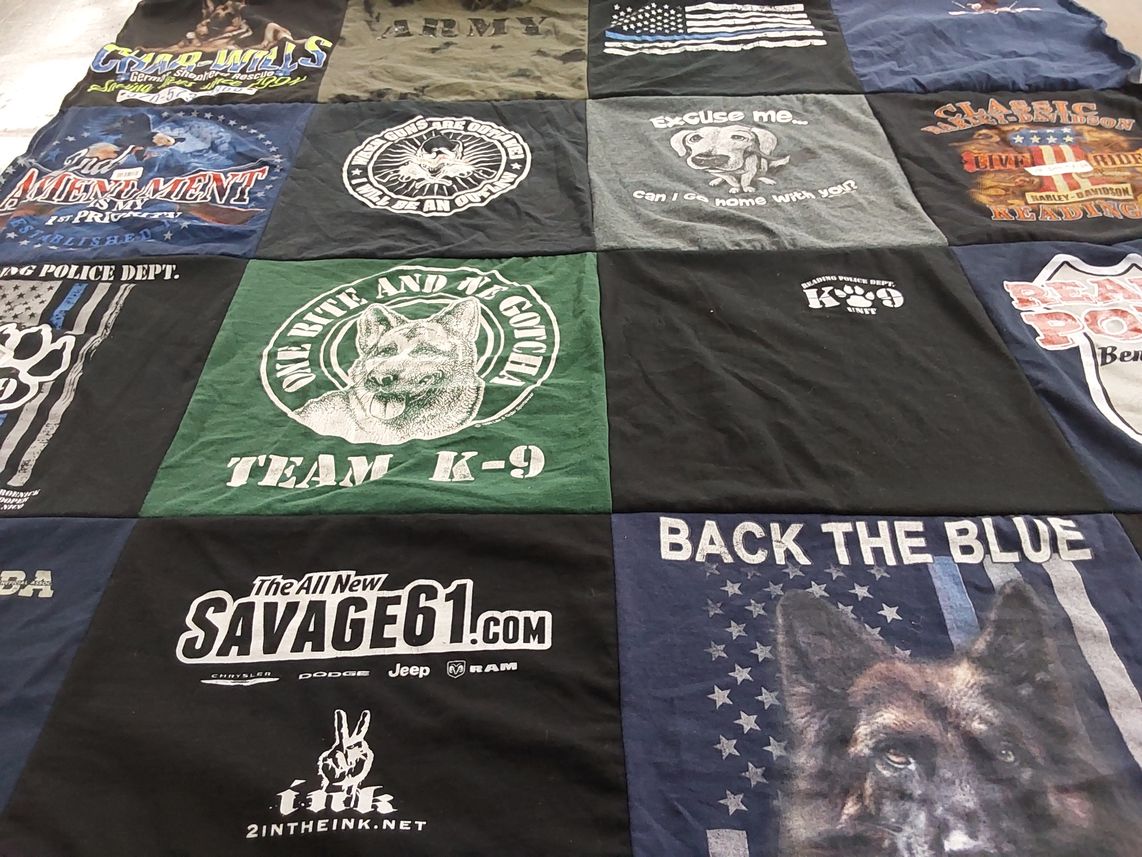 T-shirt quilt with law enforcement, motorcycles themes by Cecilia from NJ