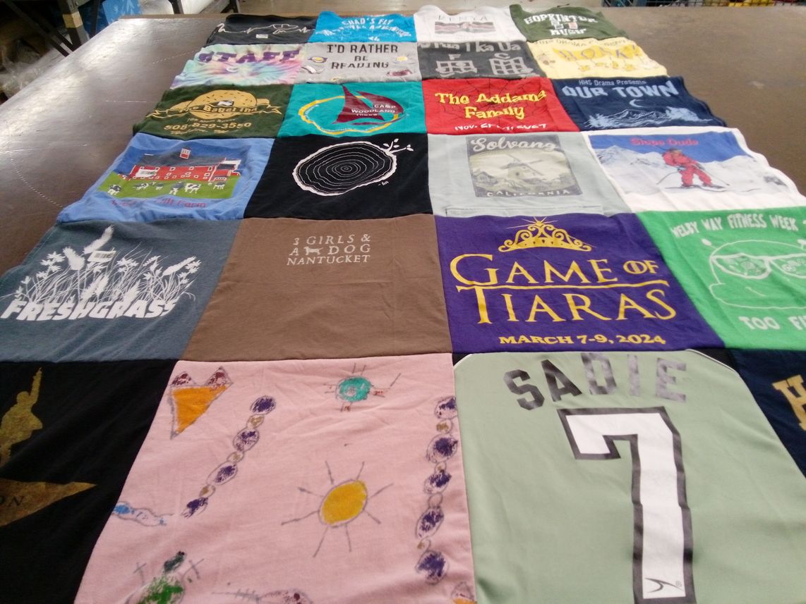 T-shirt quilt with theater, fitness themes by Stacey from MA
