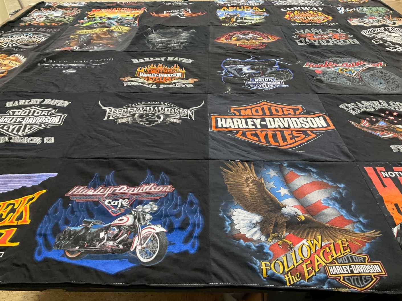 T-shirt quilt with motorcycles, biking themes by Donna from MA