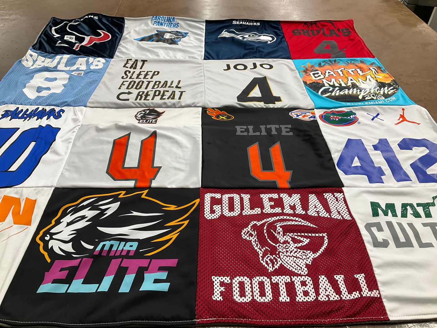 T-shirt quilt featuring carolina panthers, seattle seahawks by Jennifer from FL