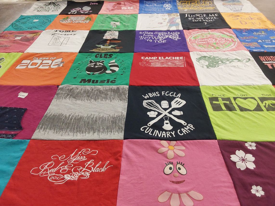 T-shirt quilt with music, cooking themes by Heather from GA