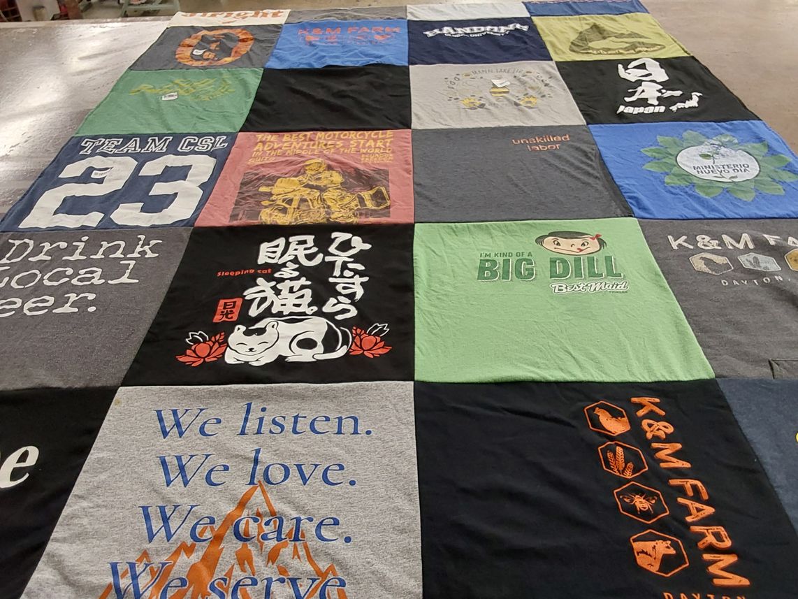 T-shirt quilt with motorcycles, farming themes by Marybeth from VA