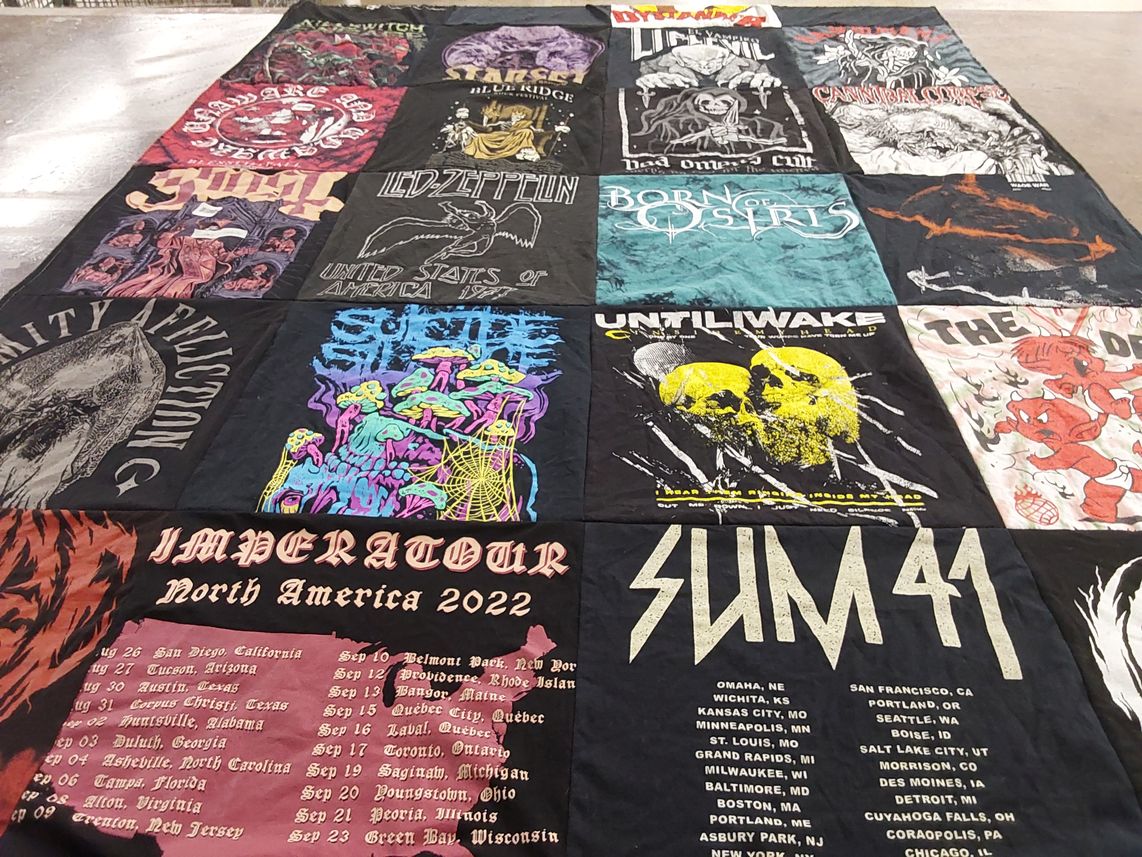 T-shirt quilt with music, rock themes by Rebekah A from AK