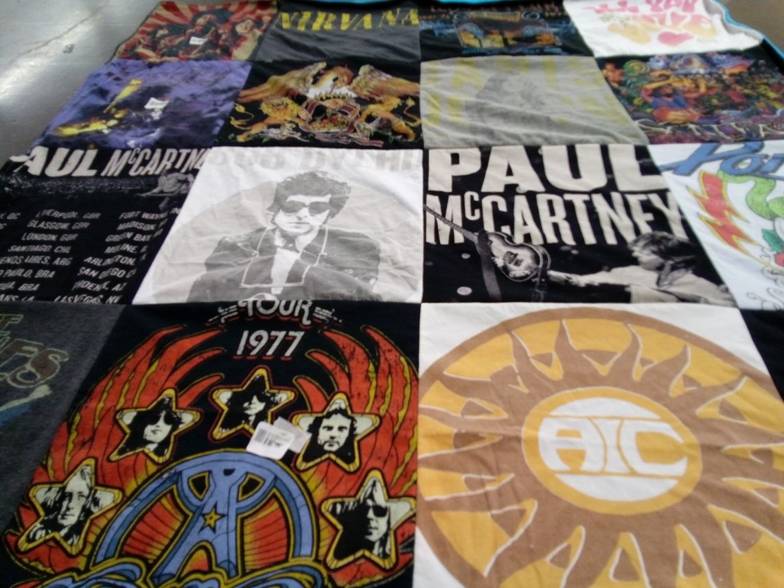 T-shirt quilt with music, concerts themes by AE from TX