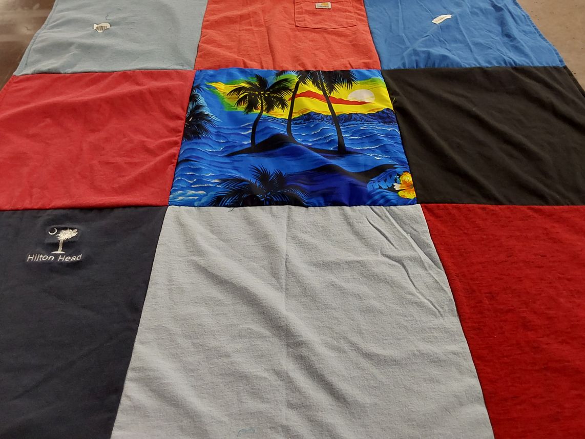 T-shirt quilt with beach, travel themes by Kari from OH