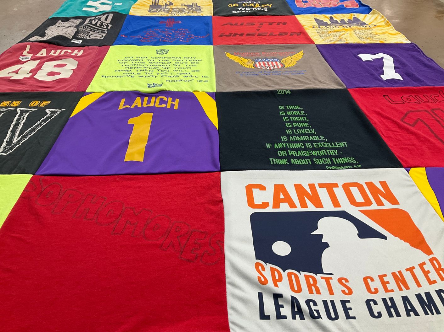 T-shirt quilt with sports, basketball themes by Sarah from MI