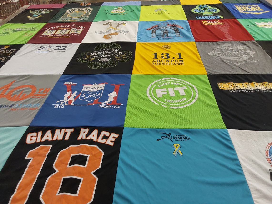 T-shirt quilt with running, fitness themes by Jessica from CA