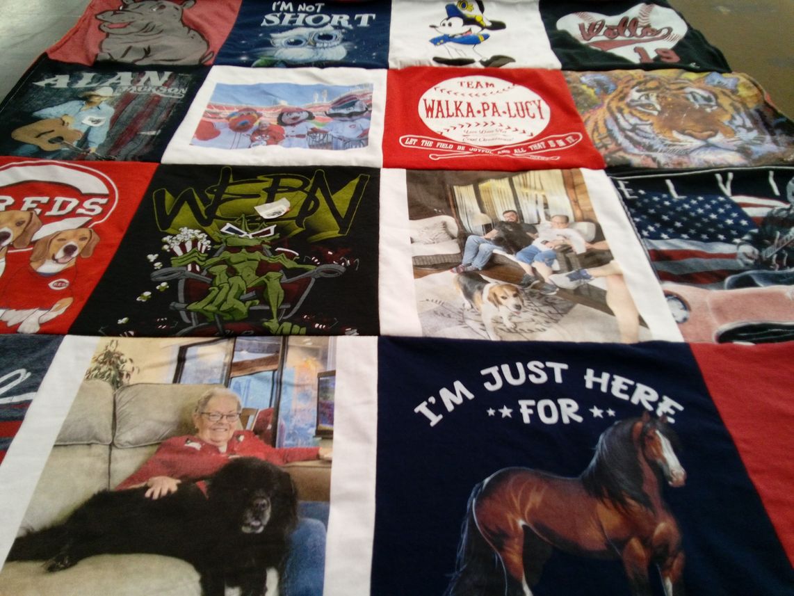 T-shirt quilt with animals, dogs themes by Kathy from OH