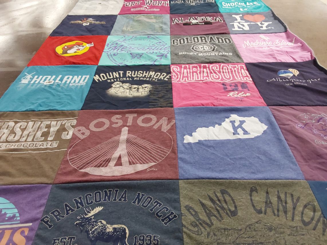 T-shirt quilt with travel, tourism themes by Kelsey from PA