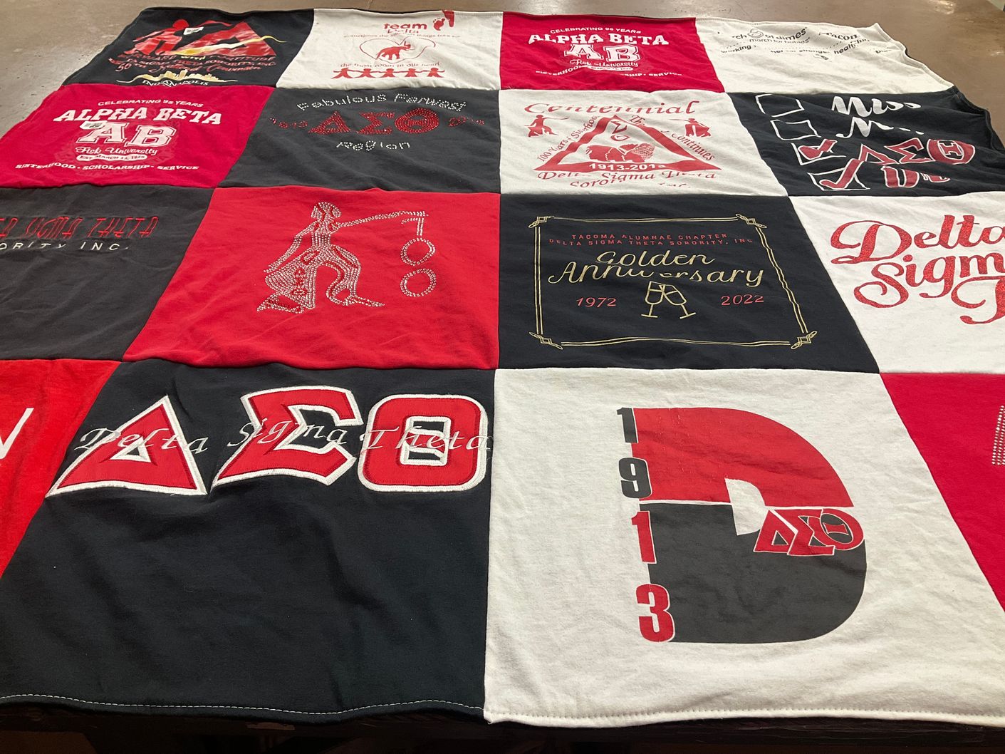 T-shirt quilt with sorority, fraternity themes by Elizabeth from WA