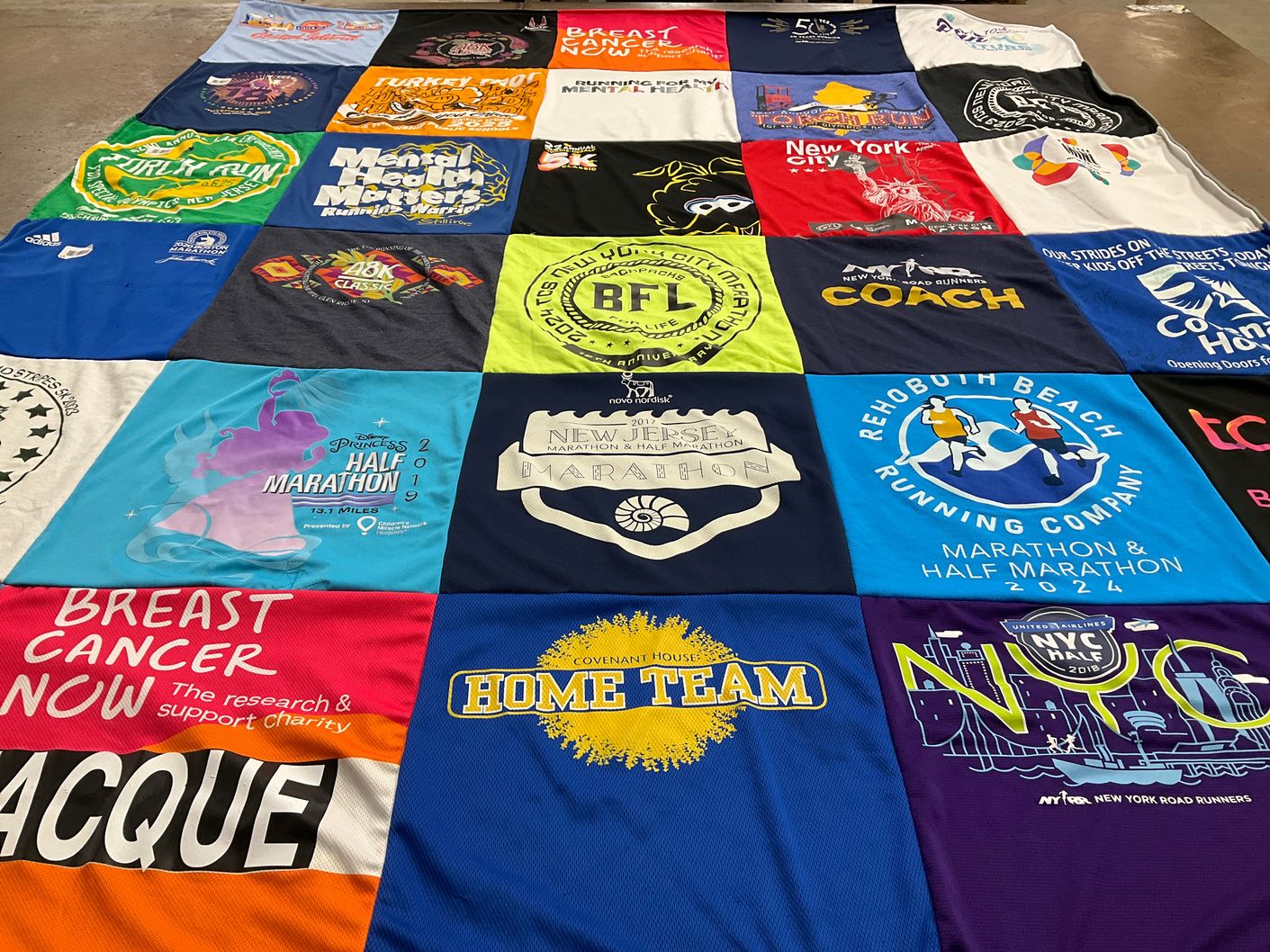 T-shirt quilt with running, marathons themes by Jacqueline from NJ