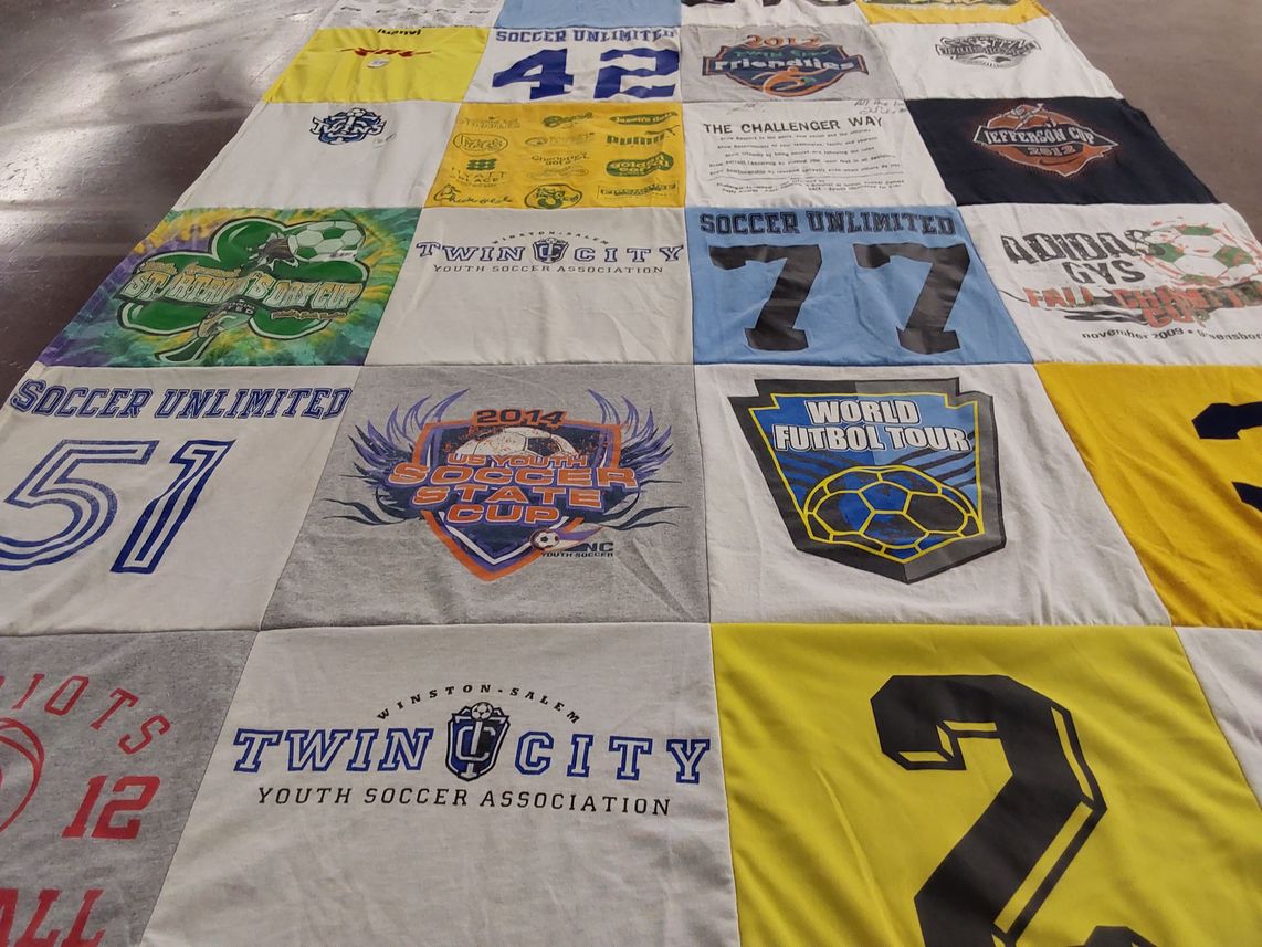 T-shirt quilt with soccer, sports themes by Kirsten from NC