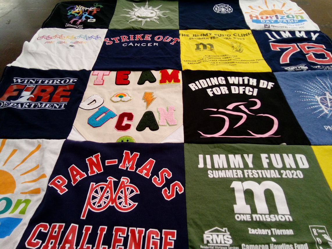 T-shirt quilt with fundraising, cancer awareness themes by Pauldine from MA