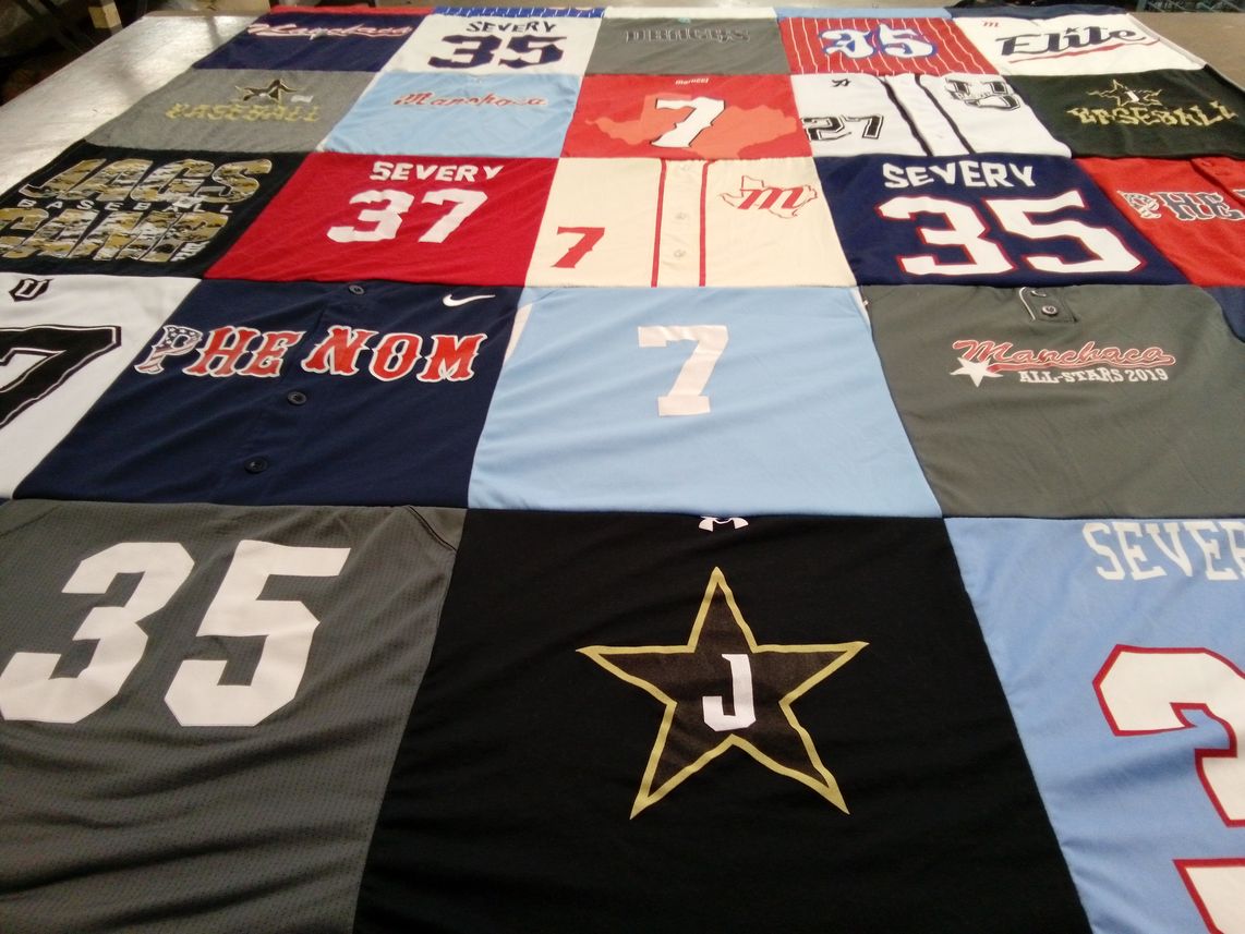 T-shirt quilt with sports, baseball themes by Vanessa from TX