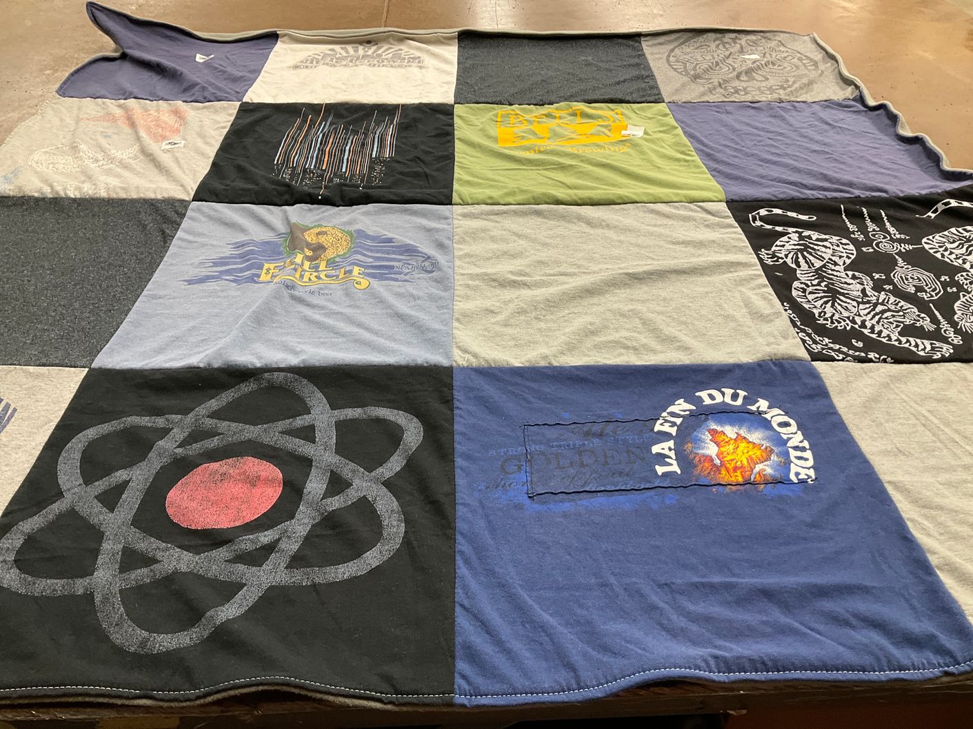 T-shirt quilt with science, beer themes by Blair from CO