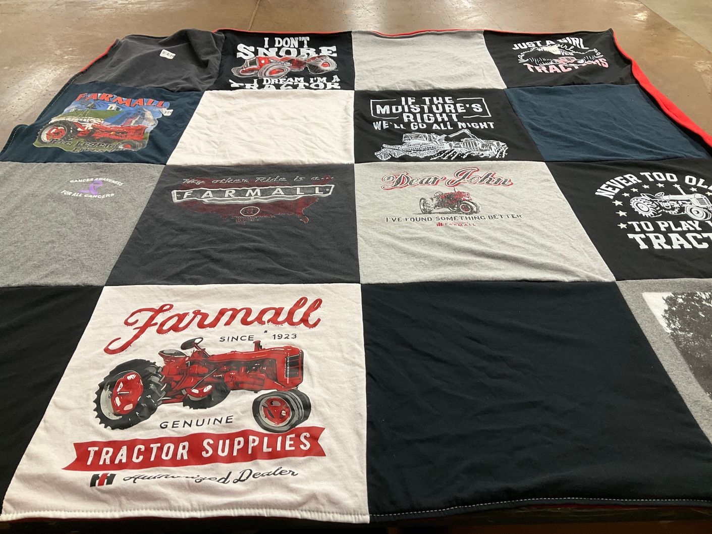 T-shirt quilt with farming, tractors themes by Carrie from IA