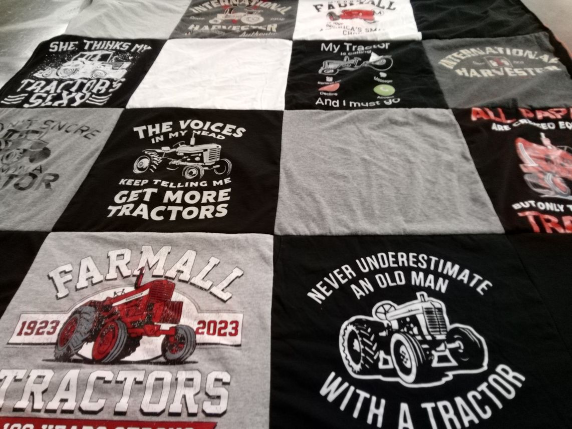 T-shirt quilt with farming, tractors themes by Carrie from IA