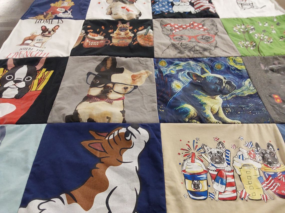T-shirt quilt with dogs, pets themes by Julie from IN