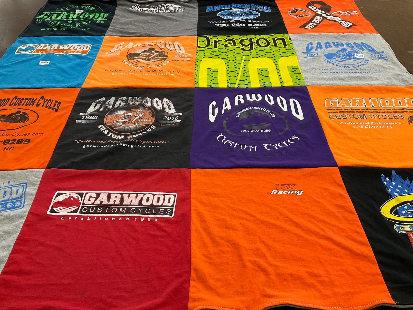 T-shirt quilt with motorcycles, racing themes by Steve from NC