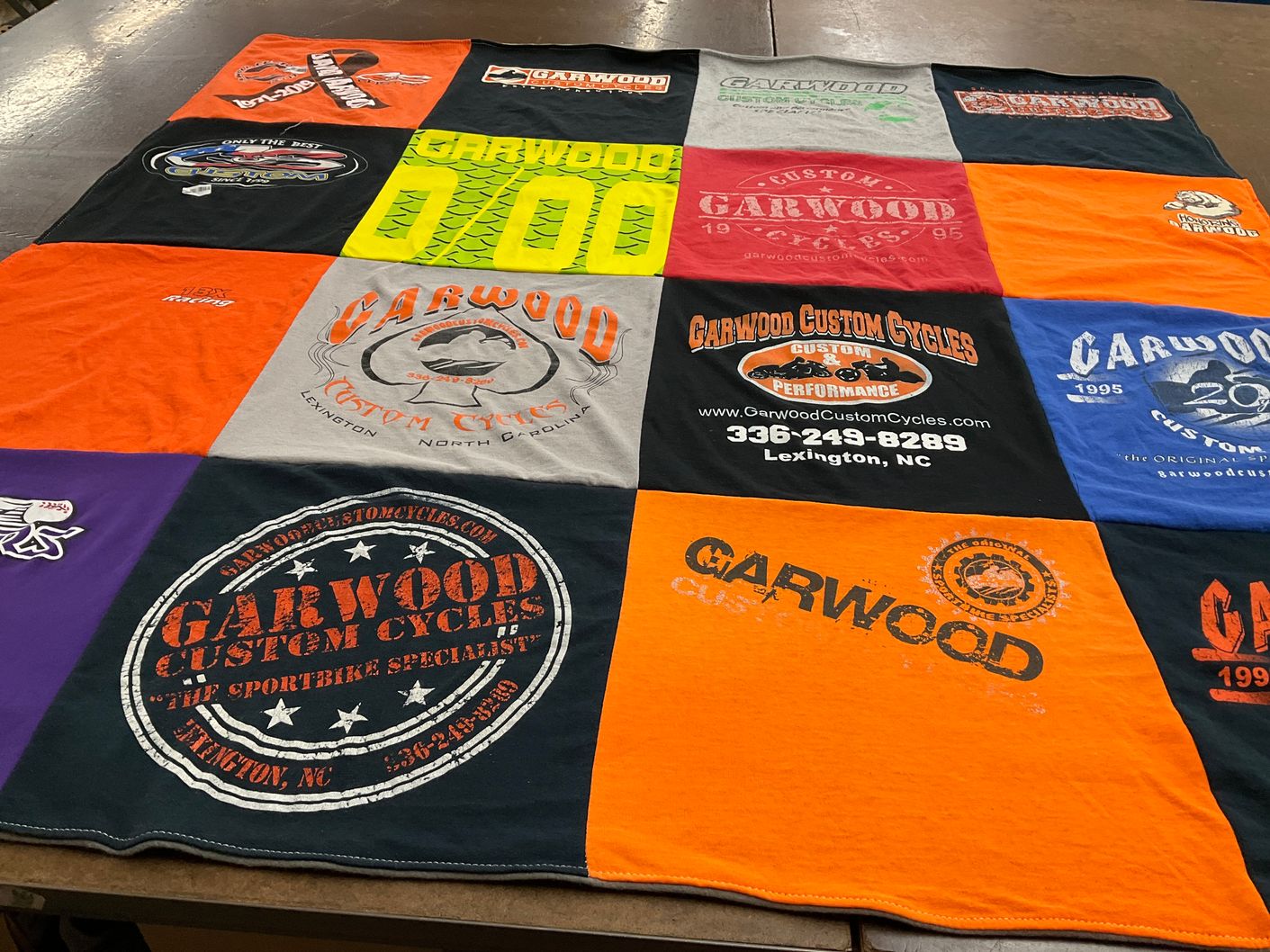 T-shirt quilt with motorcycles, biking themes by Steve from NC