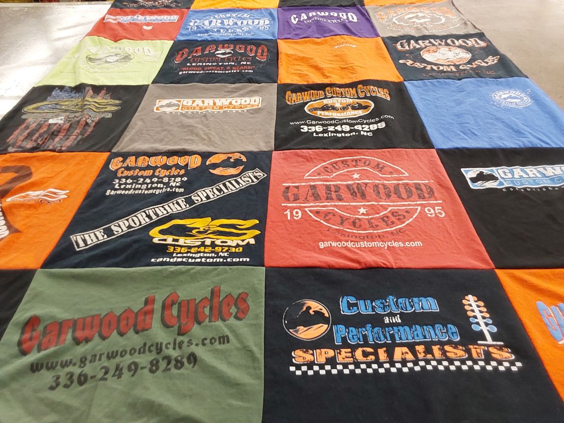 T-shirt quilt with motorcycles, custom vehicles themes by Steve from NC