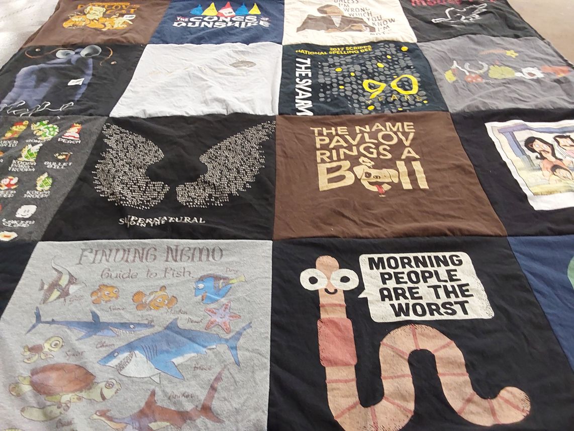 T-shirt quilt with animated movies, tv shows themes by Natalie from PA