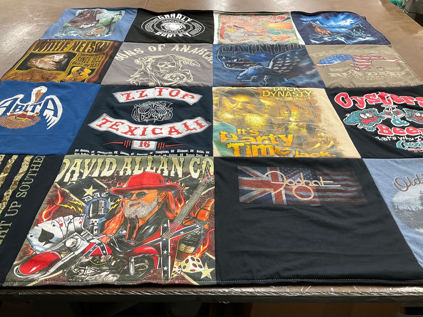 T-shirt quilt with music, biker culture themes by Charlotte from MS