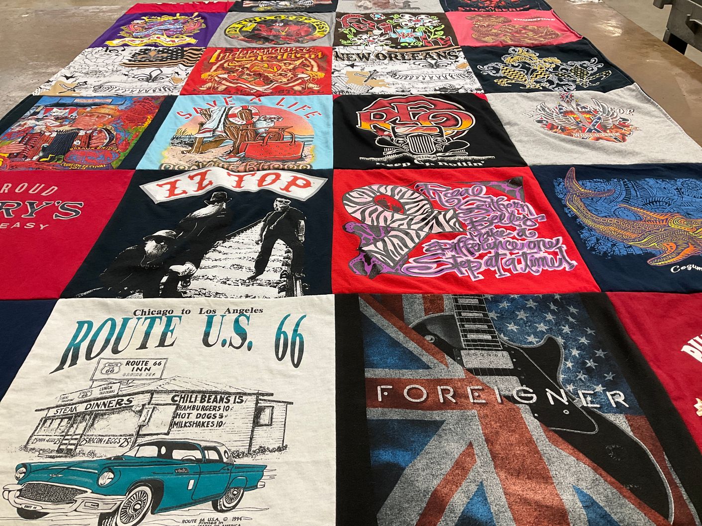T-shirt quilt with music, travel themes by Charlotte from MS