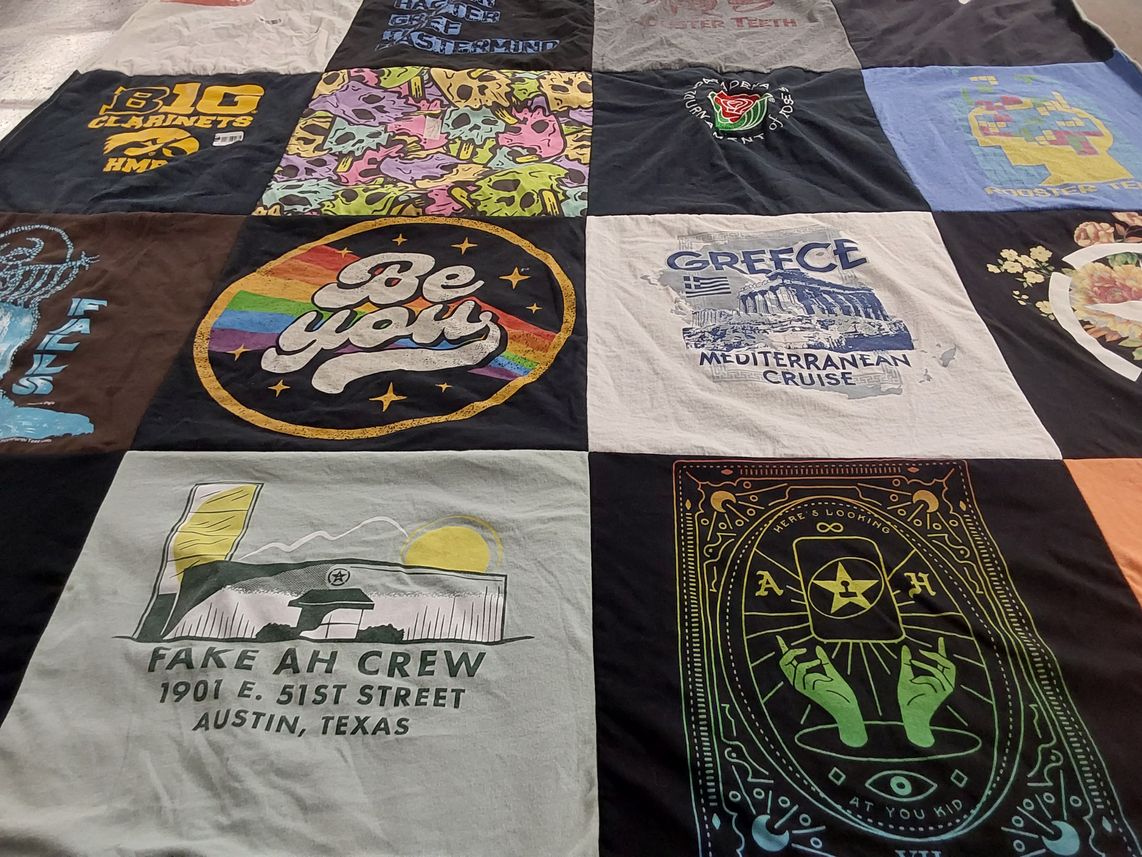 T-shirt quilt with music, travel themes by Emma from IL
