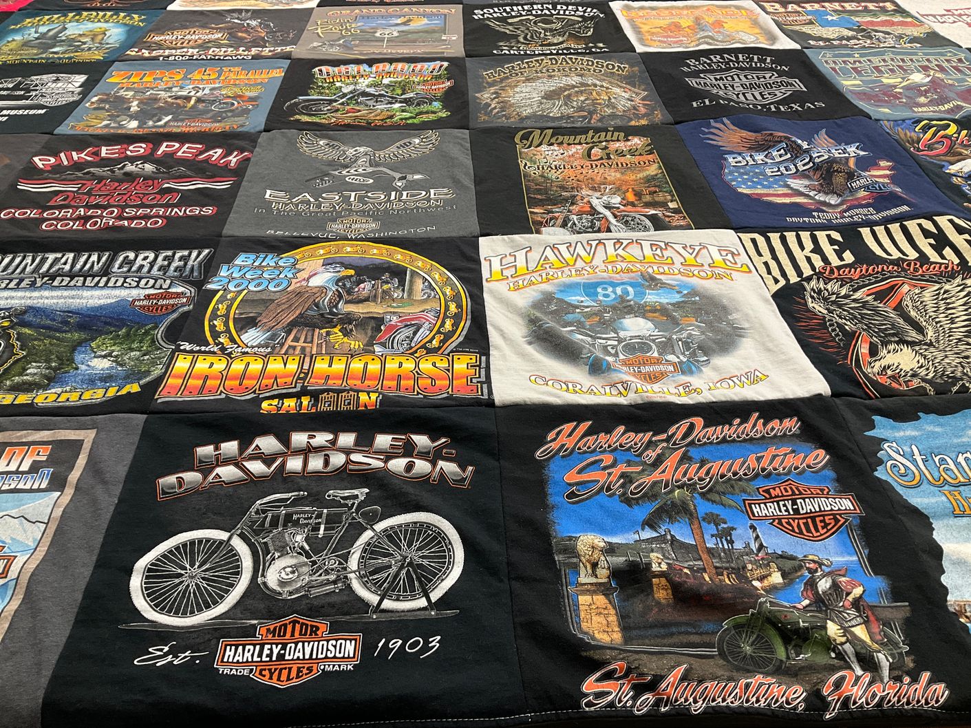 T-shirt quilt with motorcycles, motorcycle rallies themes by Nancy from IN