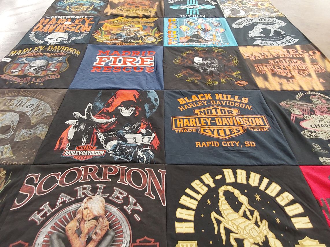 T-shirt quilt with motorcycles, biker culture themes by Stephen from NM