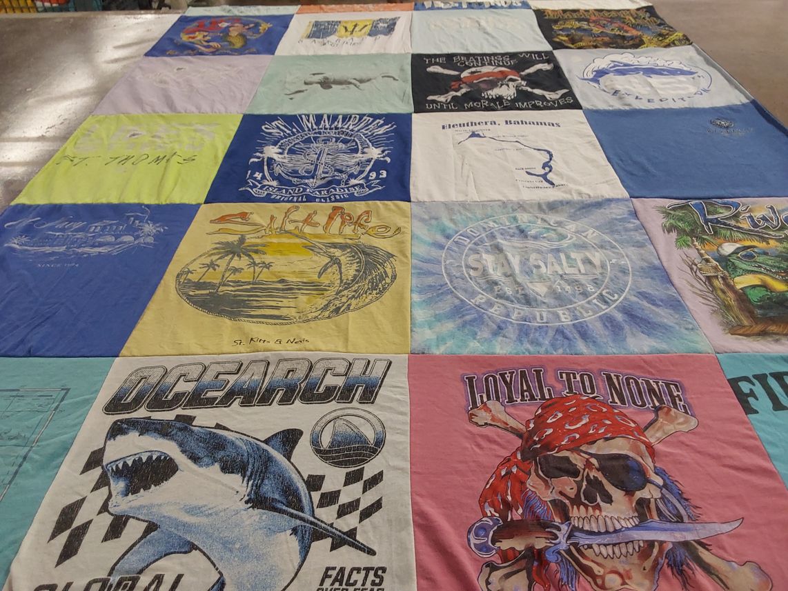T-shirt quilt with beach culture, ocean conservation themes by Stephanie from FL