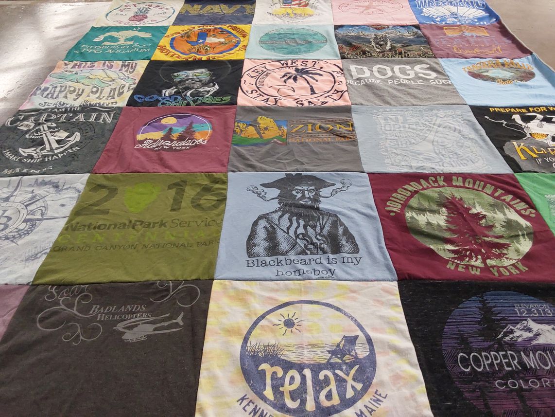 T-shirt quilt with outdoors, travel themes by Spring from FL