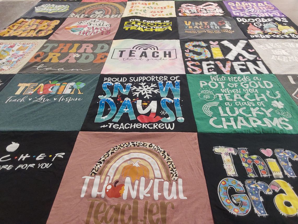 T-shirt quilt with education, teaching themes by AMBER from PA