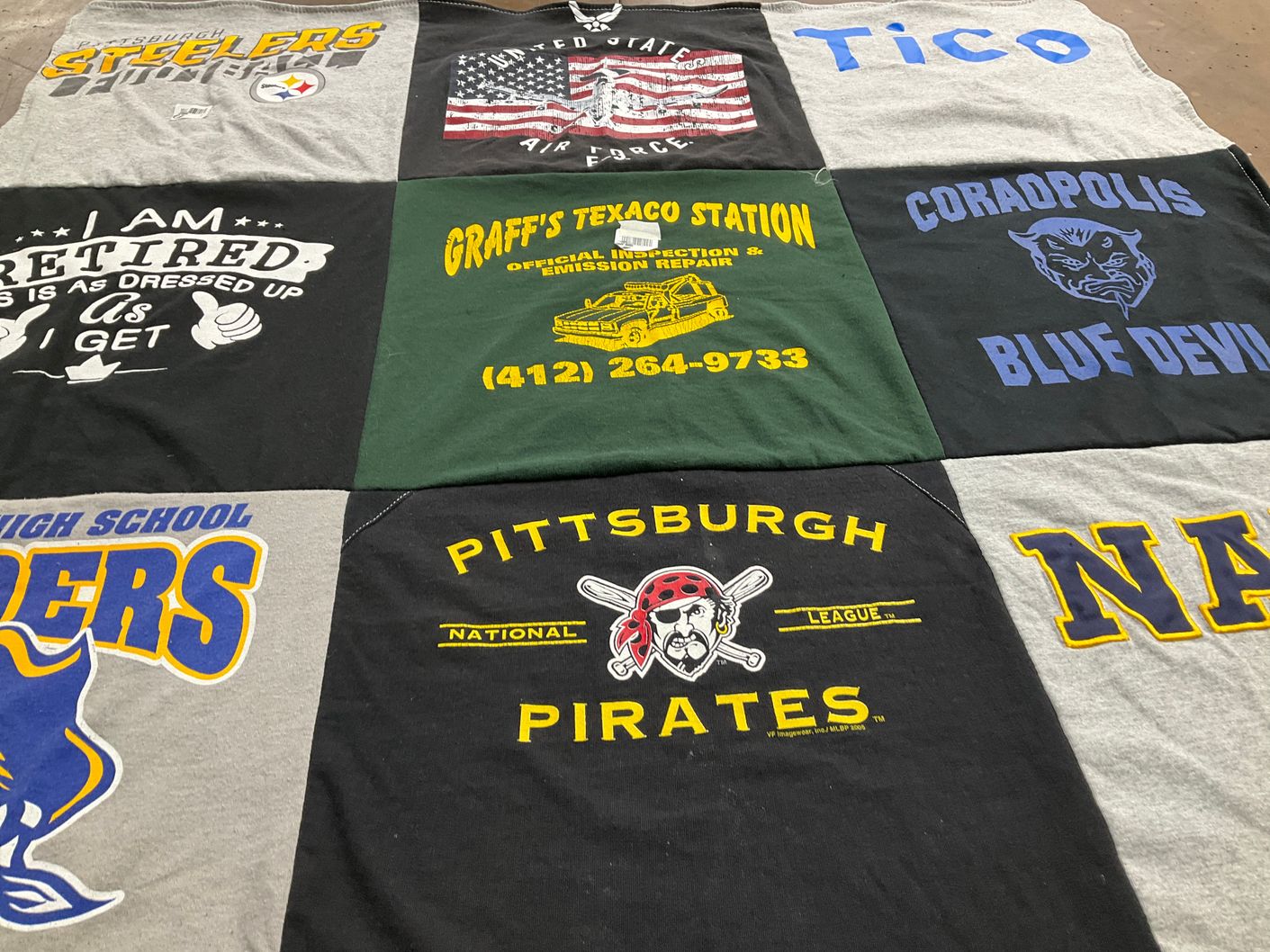 T-shirt quilt featuring pittsburgh pirates, pittsburgh steelers by Elaine from PA