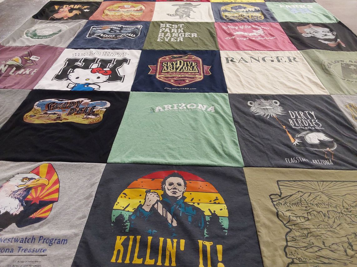 T-shirt quilt with skydive, nature themes by Frances from AZ