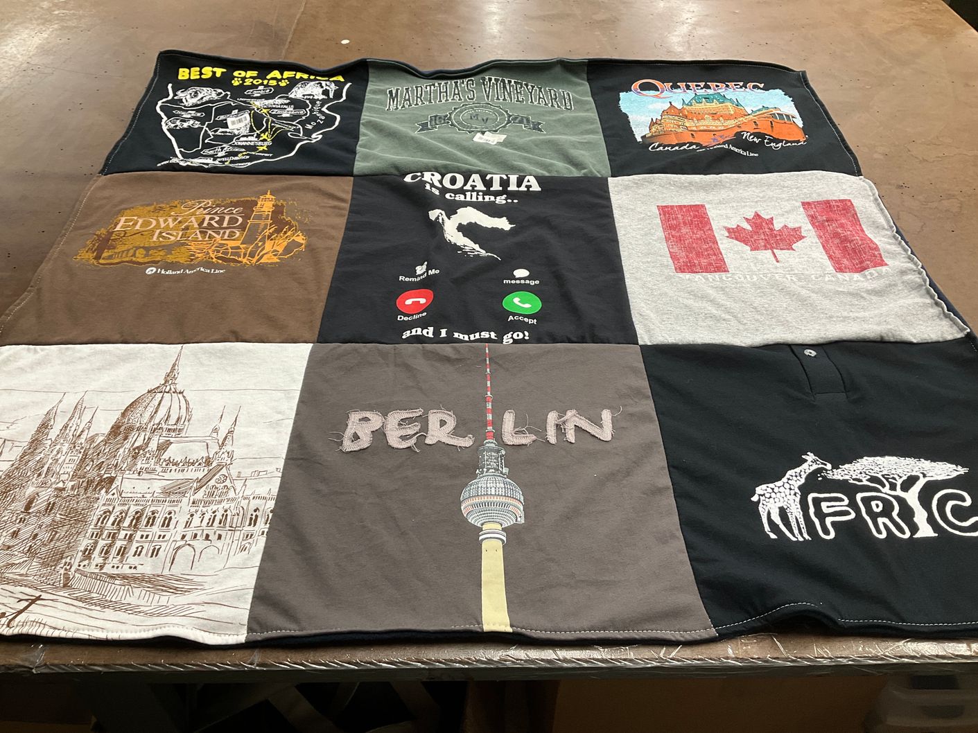 T-shirt quilt with travel, culture themes by Margie from IL