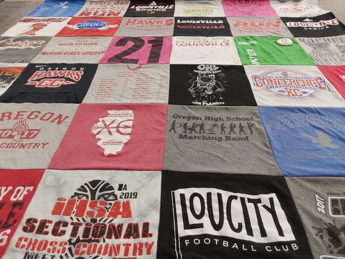 T-shirt quilt featuring louisville football club, oregon hawks cross country by Leah from IL